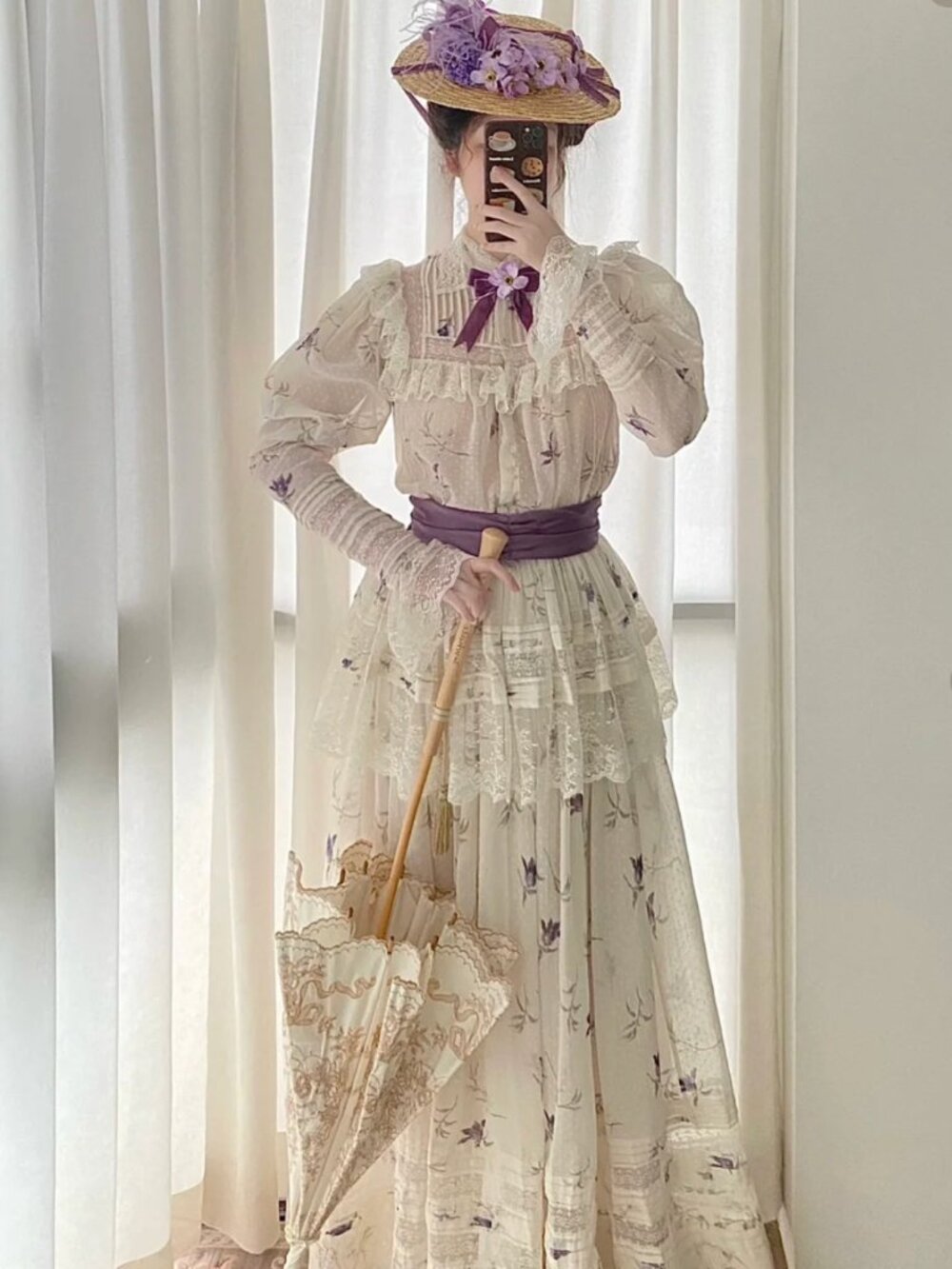Vintage Victorian Cottagecore Lace Floral Maxi Dress — Cream & Purple — Size S